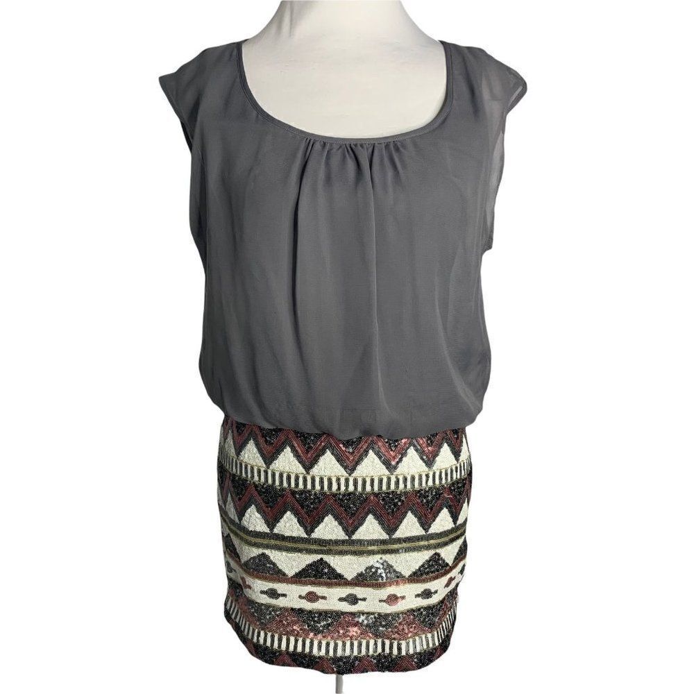 As U Wish Sleeveless Sequin Mini Dress XS Grey Chiffon Elastic Waist Scoop Neck
